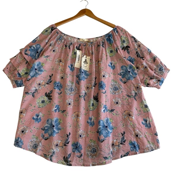 easel Tops - EASEL Blue Pink NEW Off The‎ Shoulder 100% Cotton Oversized Boho Top Size L #517